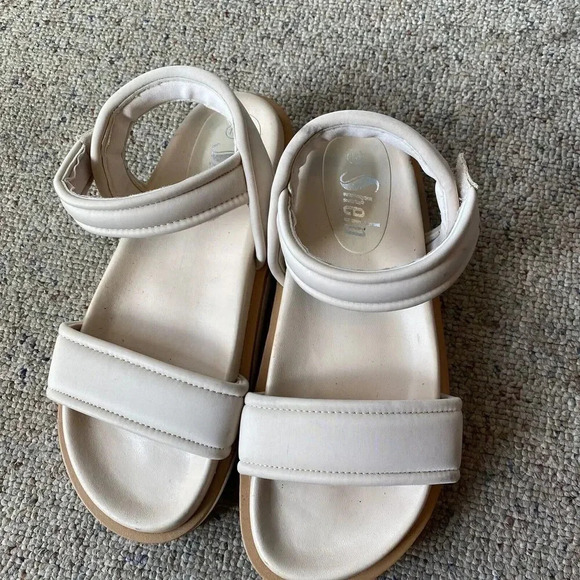 Women’s Sz 10 Walking Sandals Ivory Brown Ankle Straps Chunky Comfortable Shein - Picture 5 of 6